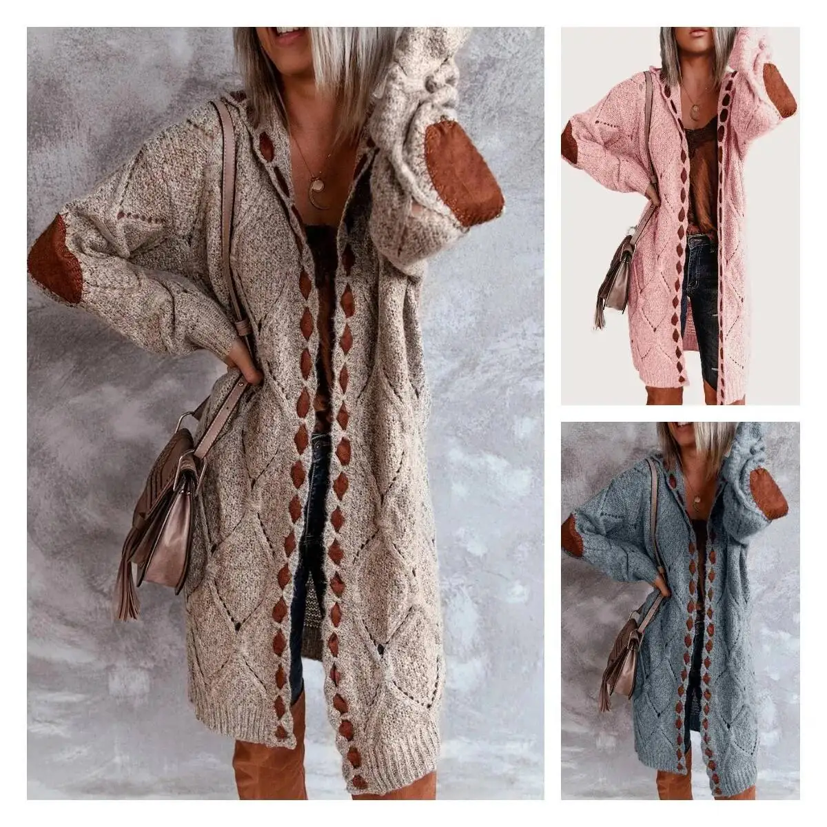 

Spring 2026 Women's Long Sleeve Patchwork Knitted Cardigan Coat Hooded Stitching Street Style Elegant Casual Comfortable Fit