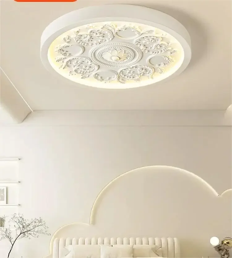 

French luxury relief ceiling light, bedroom, study, modern minimalist cream style circular white ceiling light