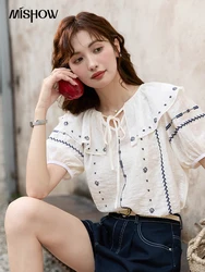 MISHOW Doll Collar Shirt for Women 2024 Summer French Ruffle Edge Bubble Sleeve Embroidered Top Lace-up Sweet Blouses MXD26X1448