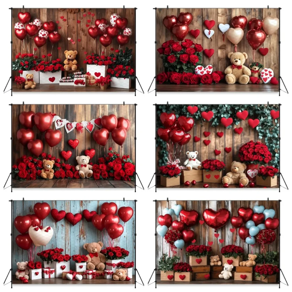 

Valentine's Day Red Rose Love Balloon Toy Bear Banner Backdrop, Wedding Scene, Family Gathering Decoration Photography Backdrop