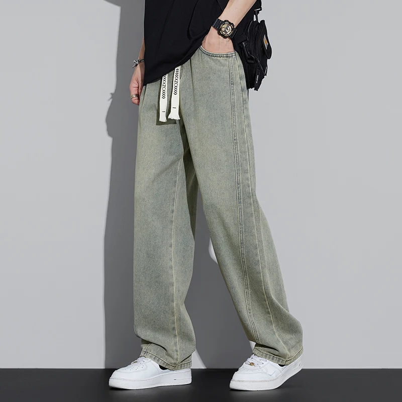 Vintage Trendy Baggy Jeans Men's Streetwear Elastic Waist Straight Loose Wide-leg Pants Washed Casual Oversize Denim Trousers