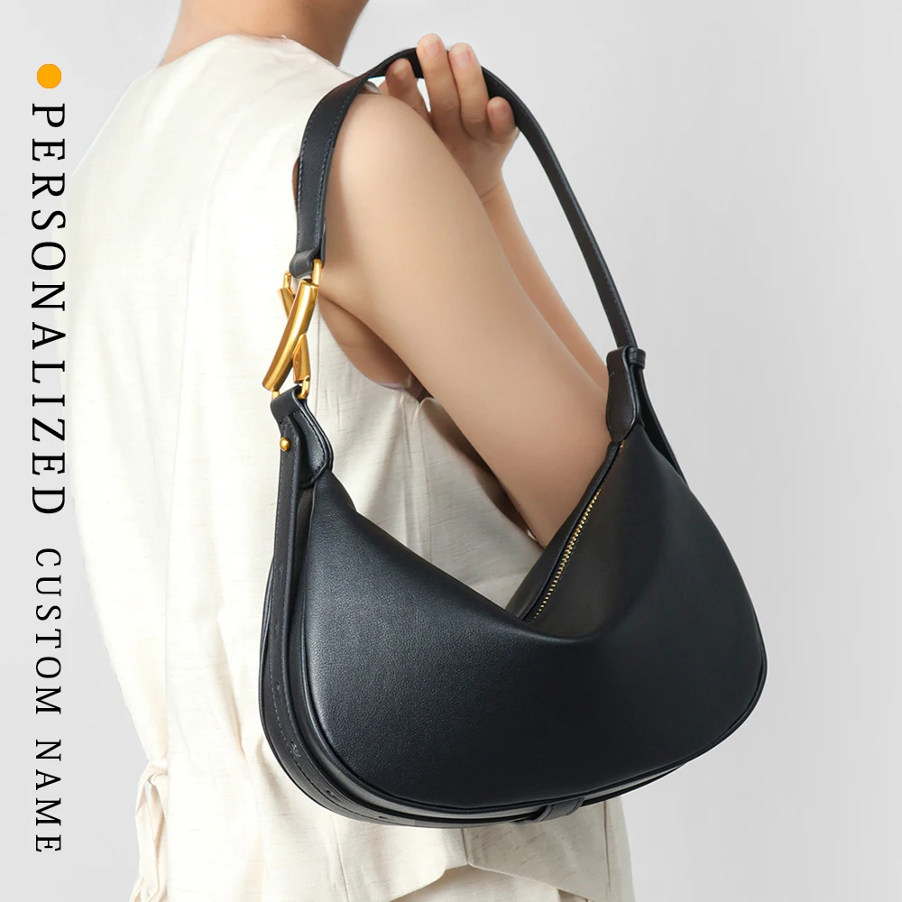 

split leather niche designer high-end underarm crescent-shaped French versatile shoulder women's bag free gold stamping custom