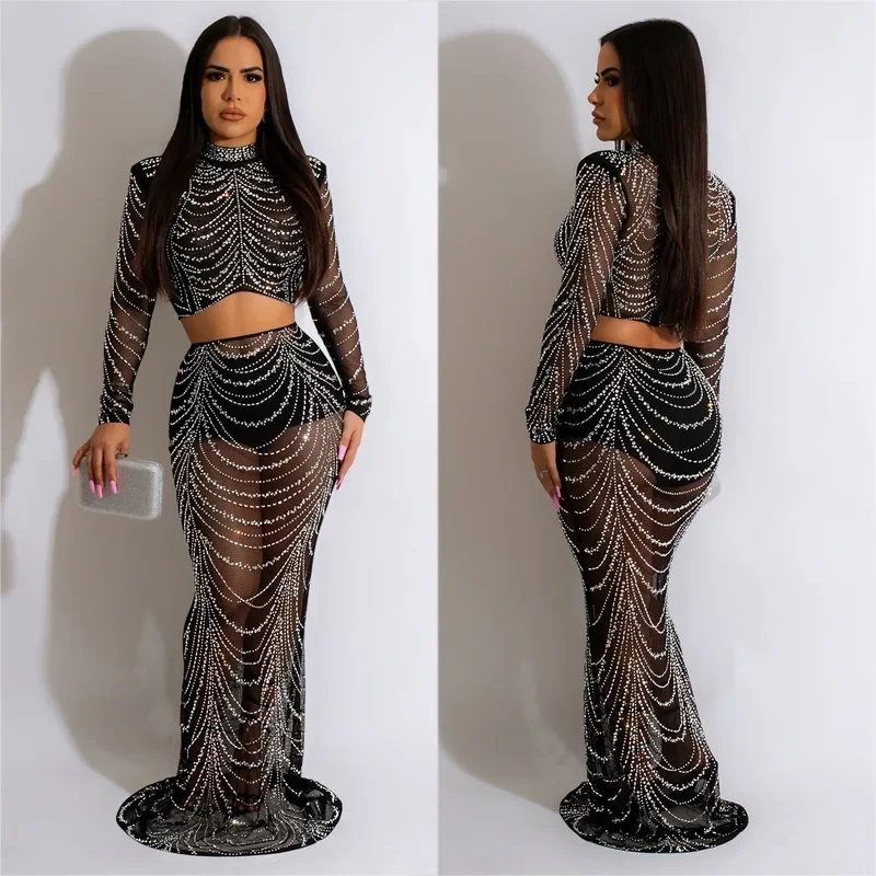 Nightclub Fashion Sexy Womens Wear Solid Color Mesh Hot Diamond Long sleeved Long Dress 2psc for Women's Birthday Party Clothing