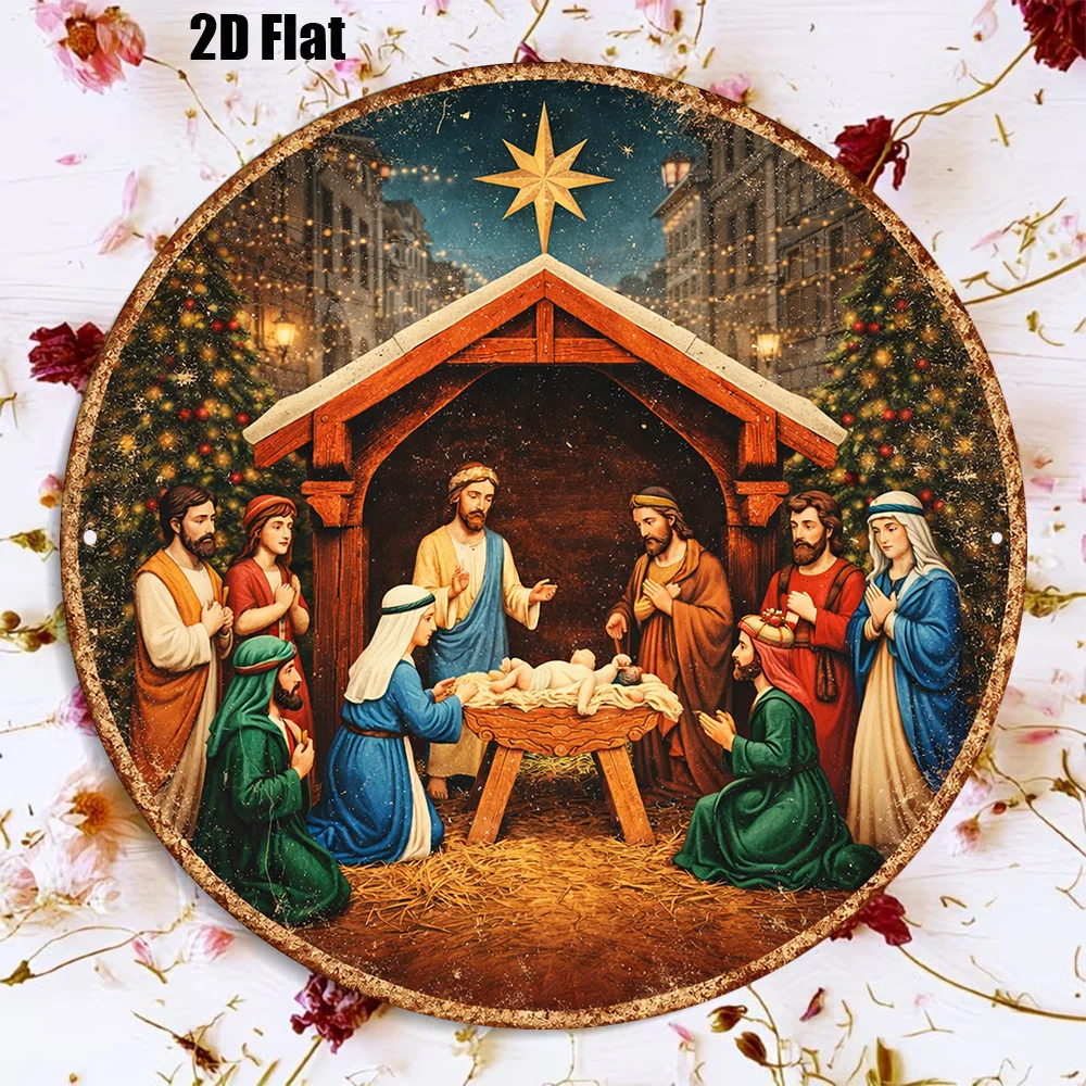 Vintage Christmas Nativity Manger Scene Round Metal Sign
