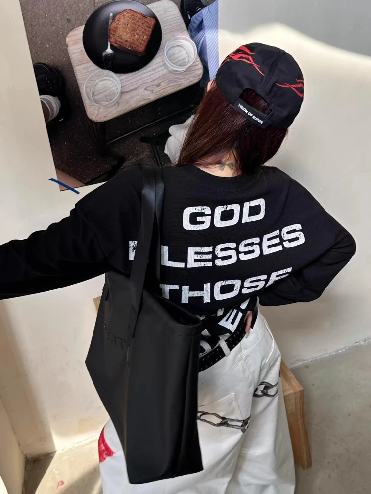 الأمريكية خمر كم طويل تي شيرت المتعثرة المرأة عادية طباعة الشرير نمط قمة الشارع الشهير ريترو الهيب هوب 2025 الخريف