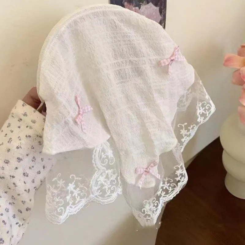 Korean Lace Bow Retro Triangular Scarf Solid Color Headscarf Trend Elegant Headwear for Women Girl Y2K Jewelry 2024 INS Bandana image 2
