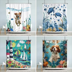 Funny Sea Animals Kids Shower Curtain Cartoon Watercolour Art Painting Style Polyester Fabric Shower Curtain Bathroom Decoration