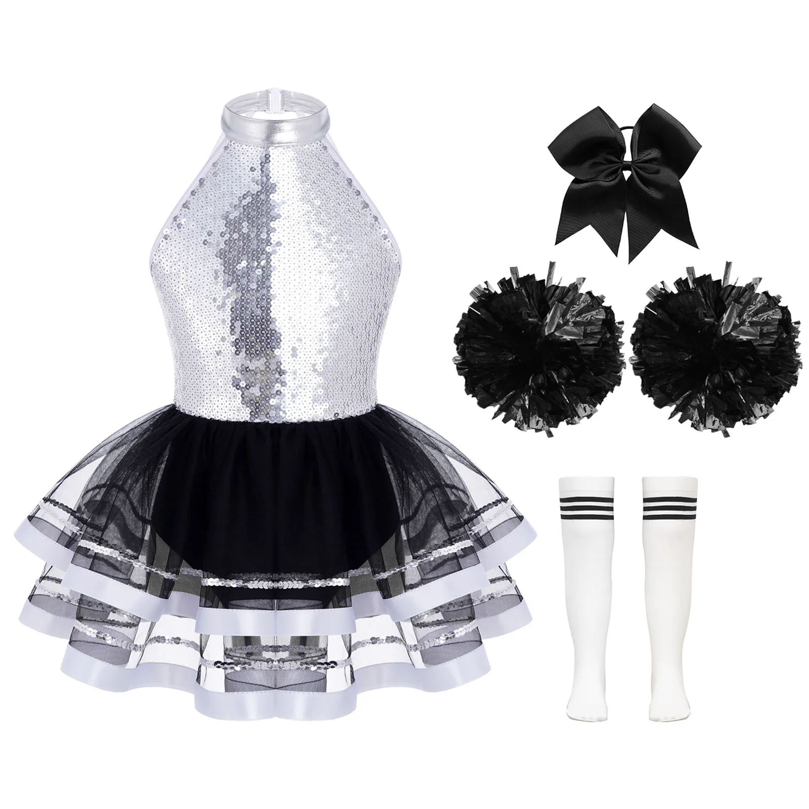 Children Girls Sleeveless Shiny Sequins Tulle Cheerleading Jazz Dance Ballet Tutu Leotard Dress with Flower Balls Headwear Socks