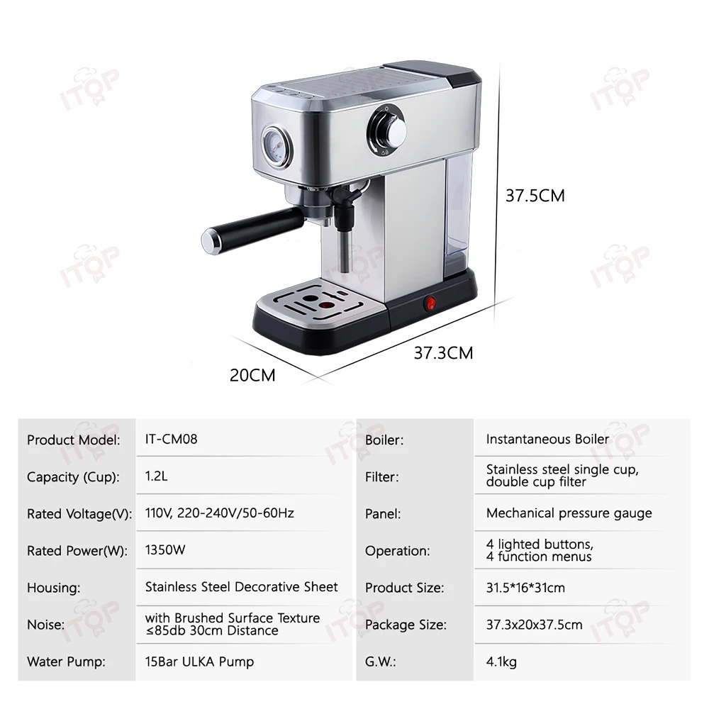 ITOP CM08 Semi-automatic Coffee Maker 15Bar ULKA Pump Espresso Coffee Machine with Thermostatic System Household Use 220V 110V