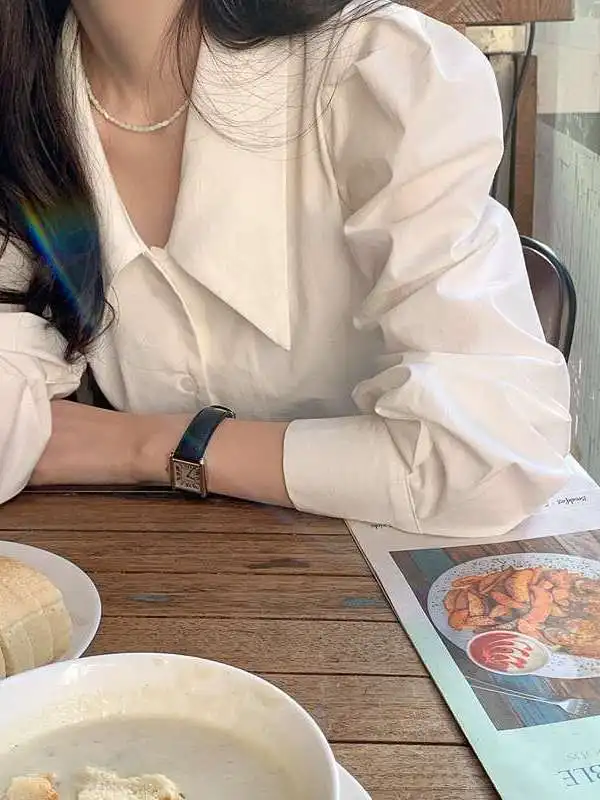 

Spring Pointed Collar Shirt Women's Cleanfit Style Bubble Sleeve Long Polyester Fiber Unisex Sharp Design Pure Color Shirt