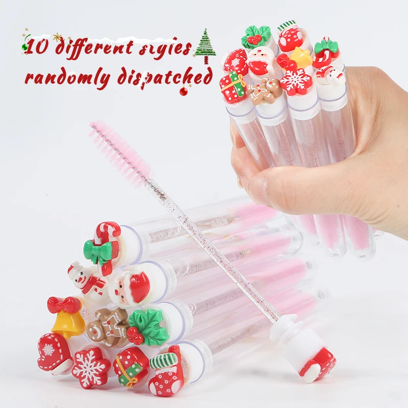 10Pcs Christmas Mascara Brush Set Eyelash Spoolies Santa Tree Snowflake Wand with Case Eyebrow Comb Festive Makeup Gift for Wome
