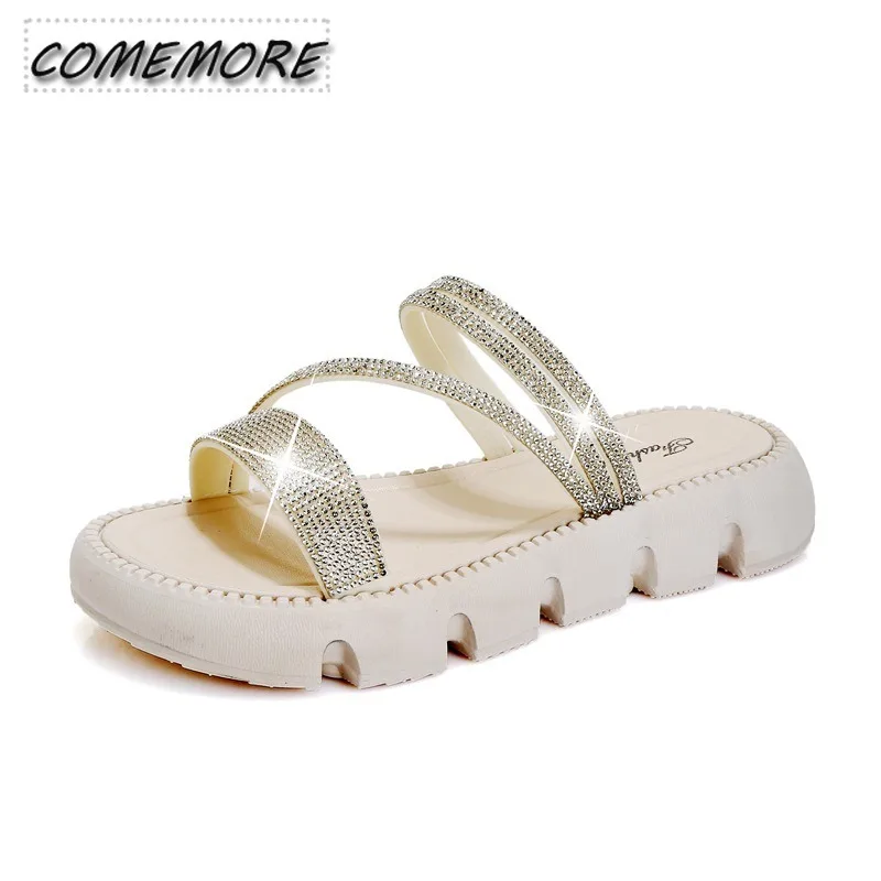 2024 Trend Summer Two Wear Round Head Women’s Dress Designer Luxury Rhinestone Slippers Large Size Sandals for Woman Beach Black