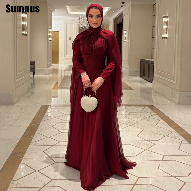 

Sumnus Elegant A-Line Burgundy Evening Dresses High Neck Pleats Maxi Saudi Formal Dresses فساتين سهرة Customized