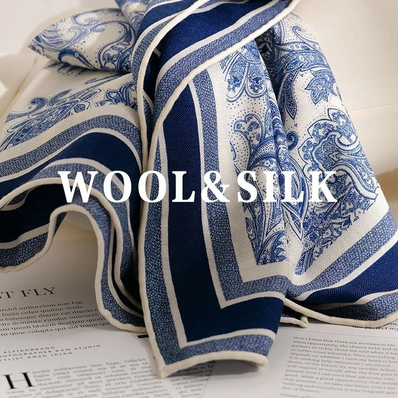 Blue Silk Wool Blend Scarf Two-tone Luxury Shawl Wrap, Warm Neck Scarf, New Winter Accessory, Elegant Stole Matching Overcoat