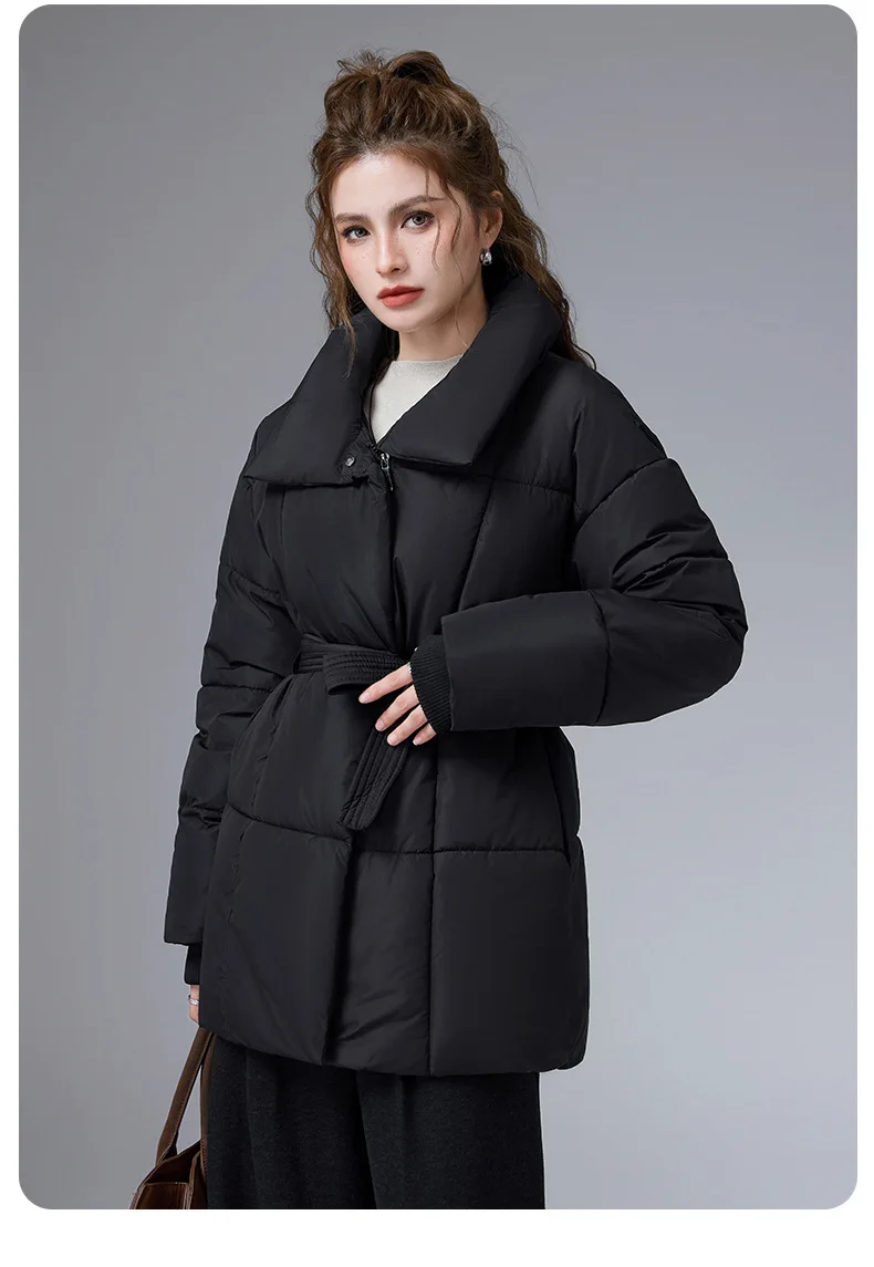 ZAROY Women Winter Belted Jacket Elegant Stand Collar Windproof Puffer Coat Cotton Padded Thick Warm Snow Parkas Overcoat куртка