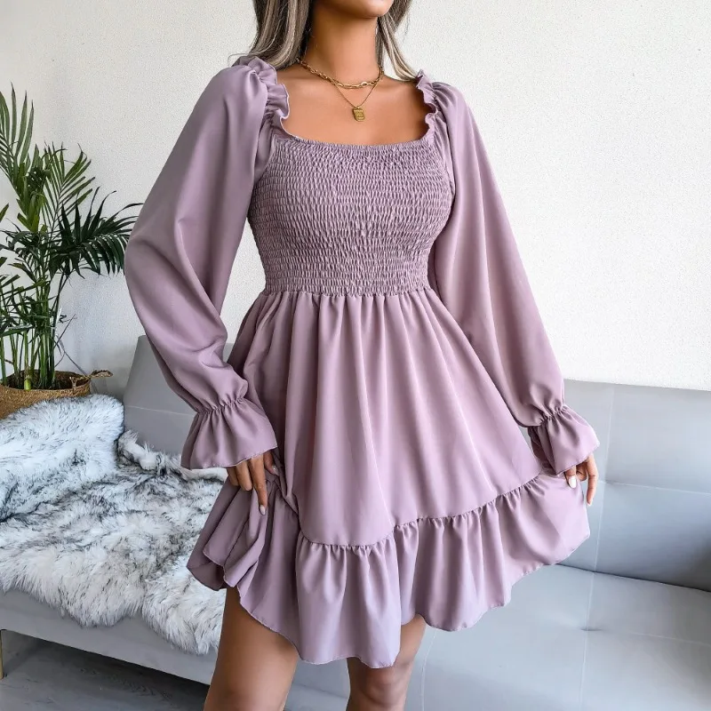 

2026 Square Neck Horn Long Sleeve Ruffle Edge Big Swing Dress