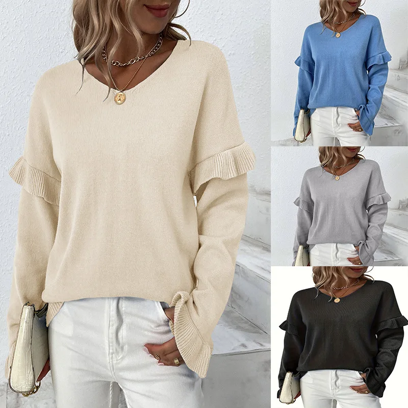 Prendas de punto con manga de pétalo y cuello en V de Color puro para mujer, suéter de nuevo estilo de invierno, Top elegante para mujer