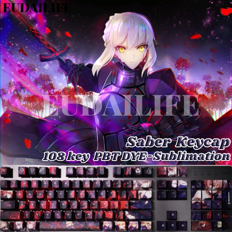 

Fate Stay Night Zero Saber 108 клавиш PBT DYE Сублимационный вишневый профиль MX Cross Axis Switch Keycap Механическая клавиатура Игровой подарок