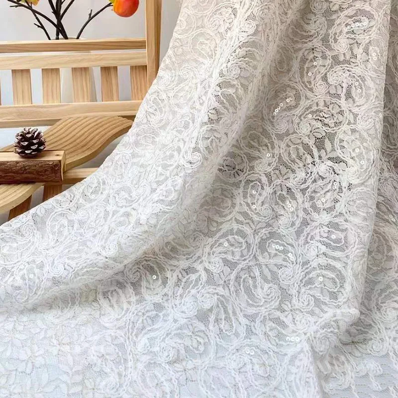 

Новая кружевная ткань с блестками и цветком кешью, вышитая в полную ширину для свадебных платьев, женская детская одежда, ткань для домашнего декора
