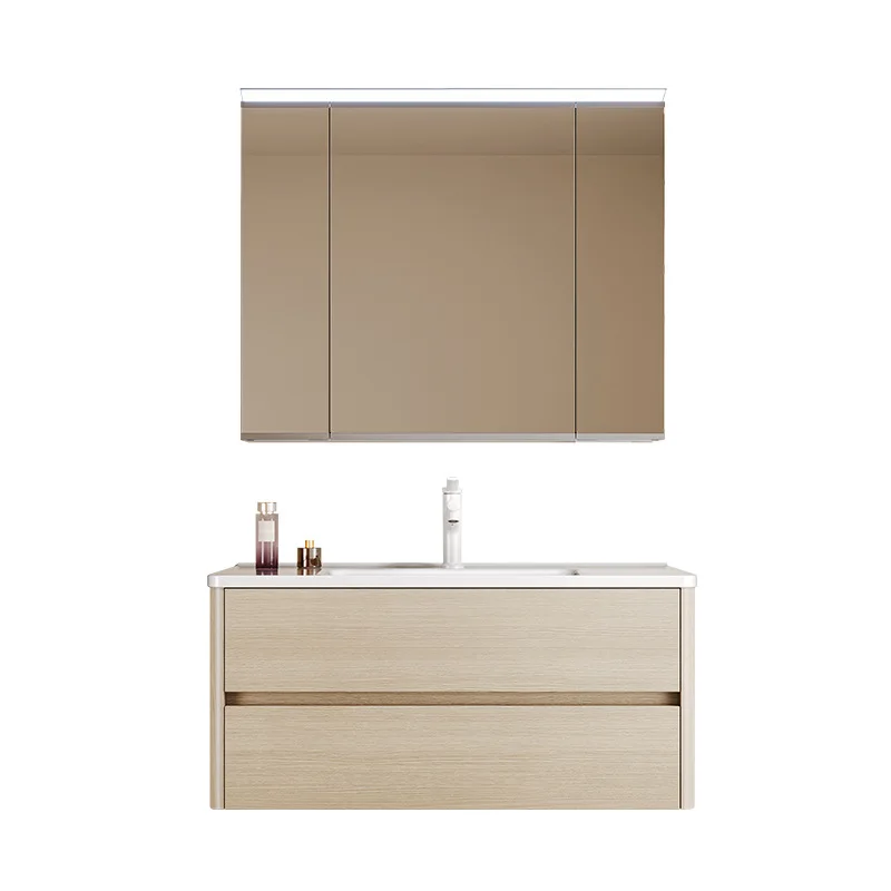LMM multi-layer solid wood simple bathroom cabinet combination ceramic integrated basin log wind double drawer washbasin