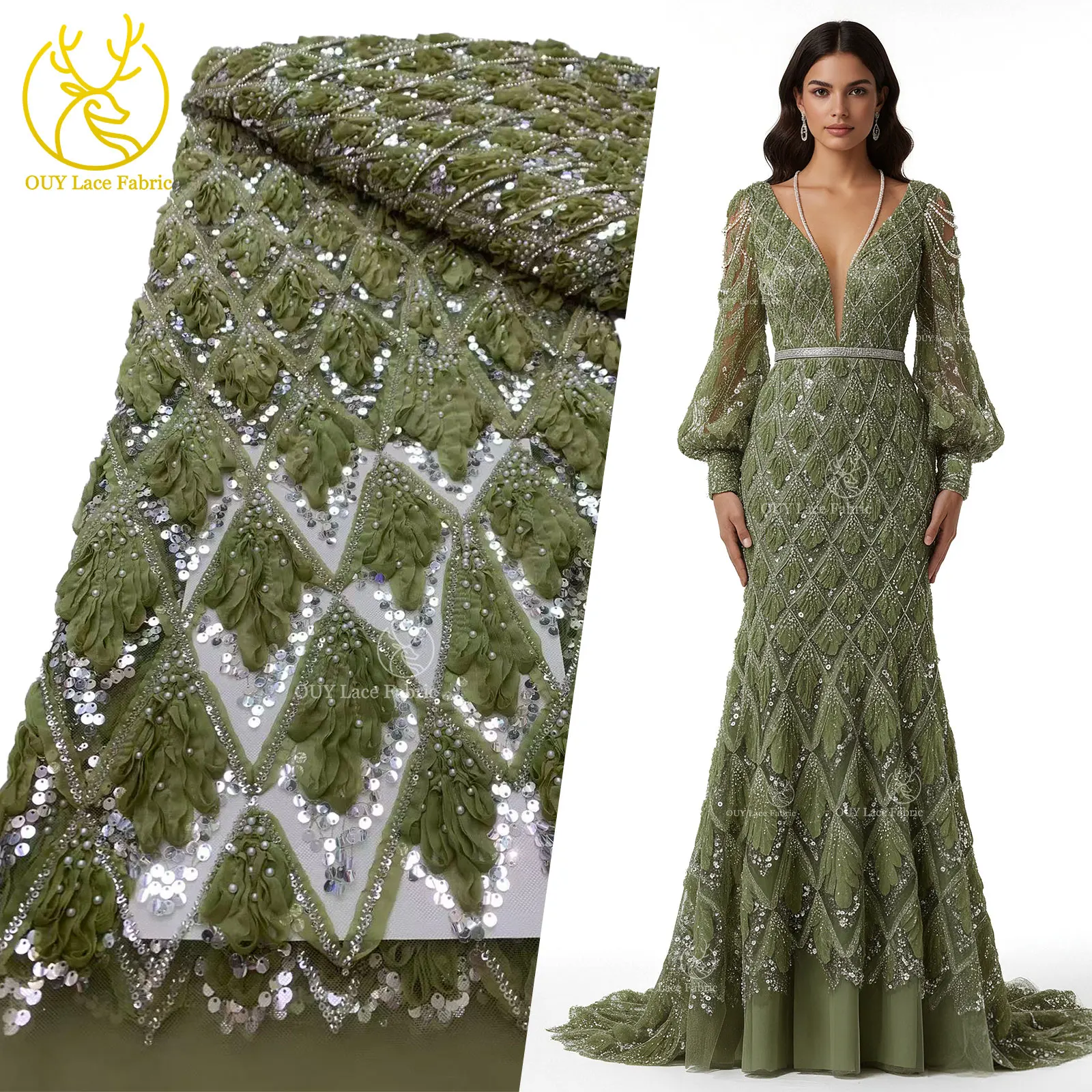 

Latest Green African Sequin Lace Fabric 2026 High-Quality French Nigerian Beaded Lace Fabric Bridal Wedding Party Dress Sewing