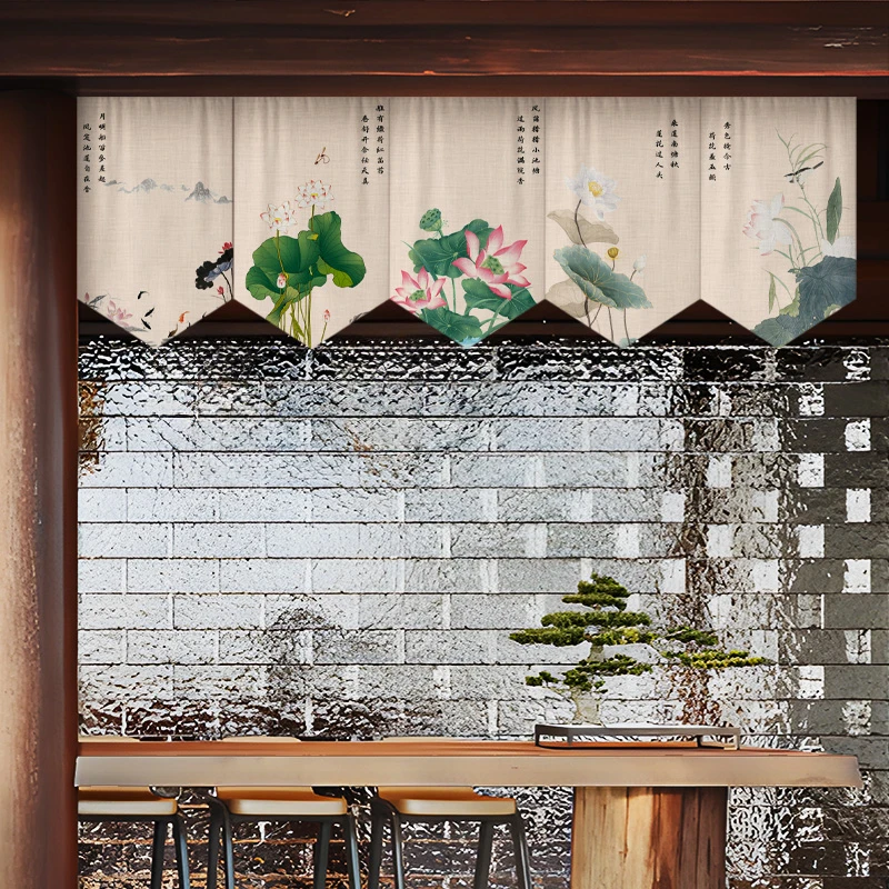 Chinese Style Lotus Printed Short Curtain Kitchen Partition Restaurant Half-Curtain Home Doorway Bedroom Decor Window Drape