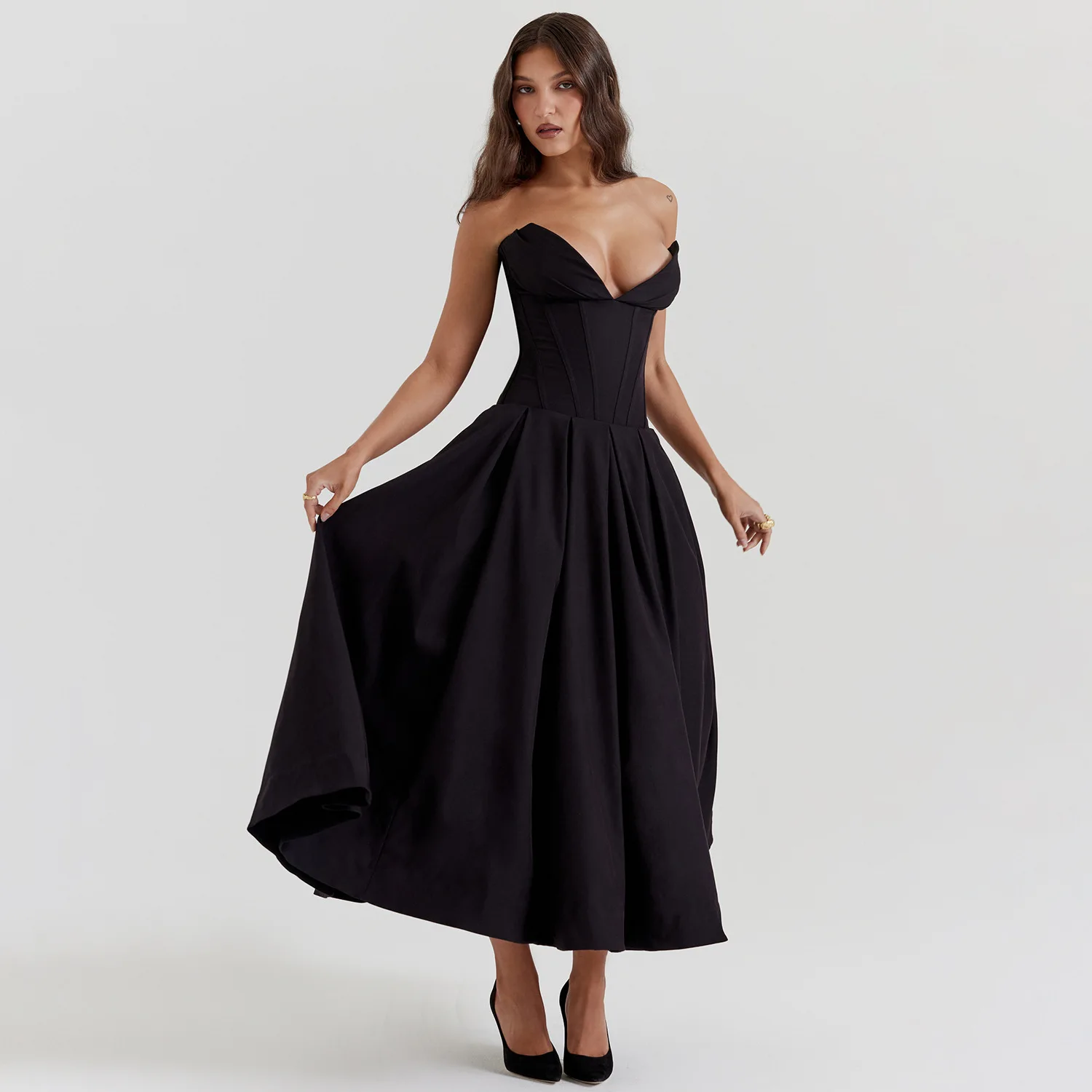 Elegante abito da sera bordeaux senza spalline Abito da ballo sexy con scollo a V Abito corsetto nero Perfetto per feste formali