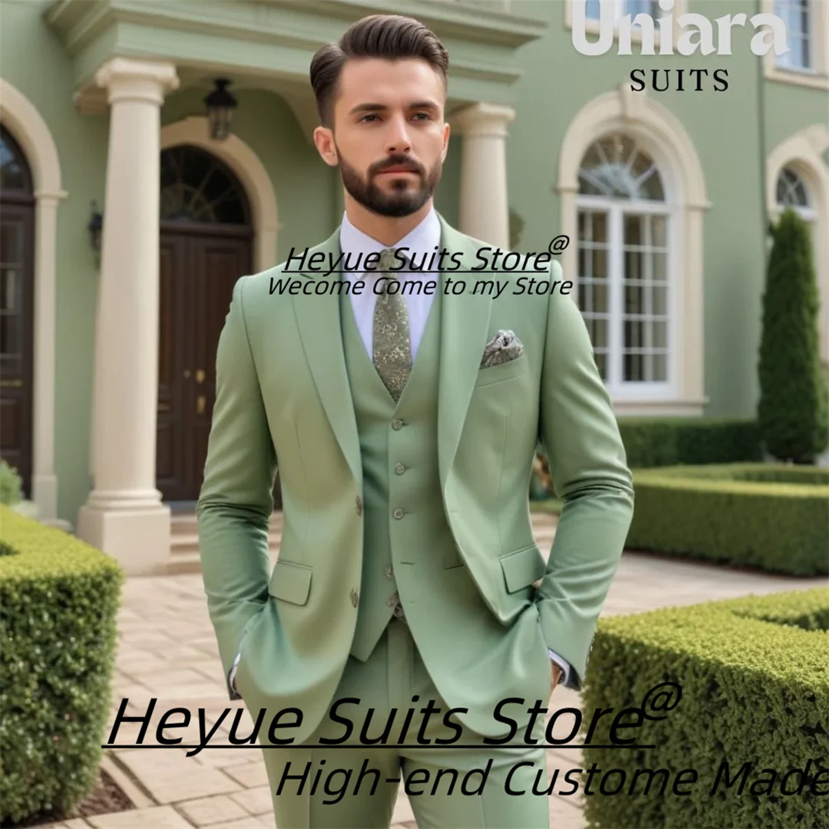 Traje Formal verde elegante para hombre, traje ajustado con solapa y muescas para novio, esmoquin de graduación, conjuntos de 3 piezas, blazer de negocios para hombre