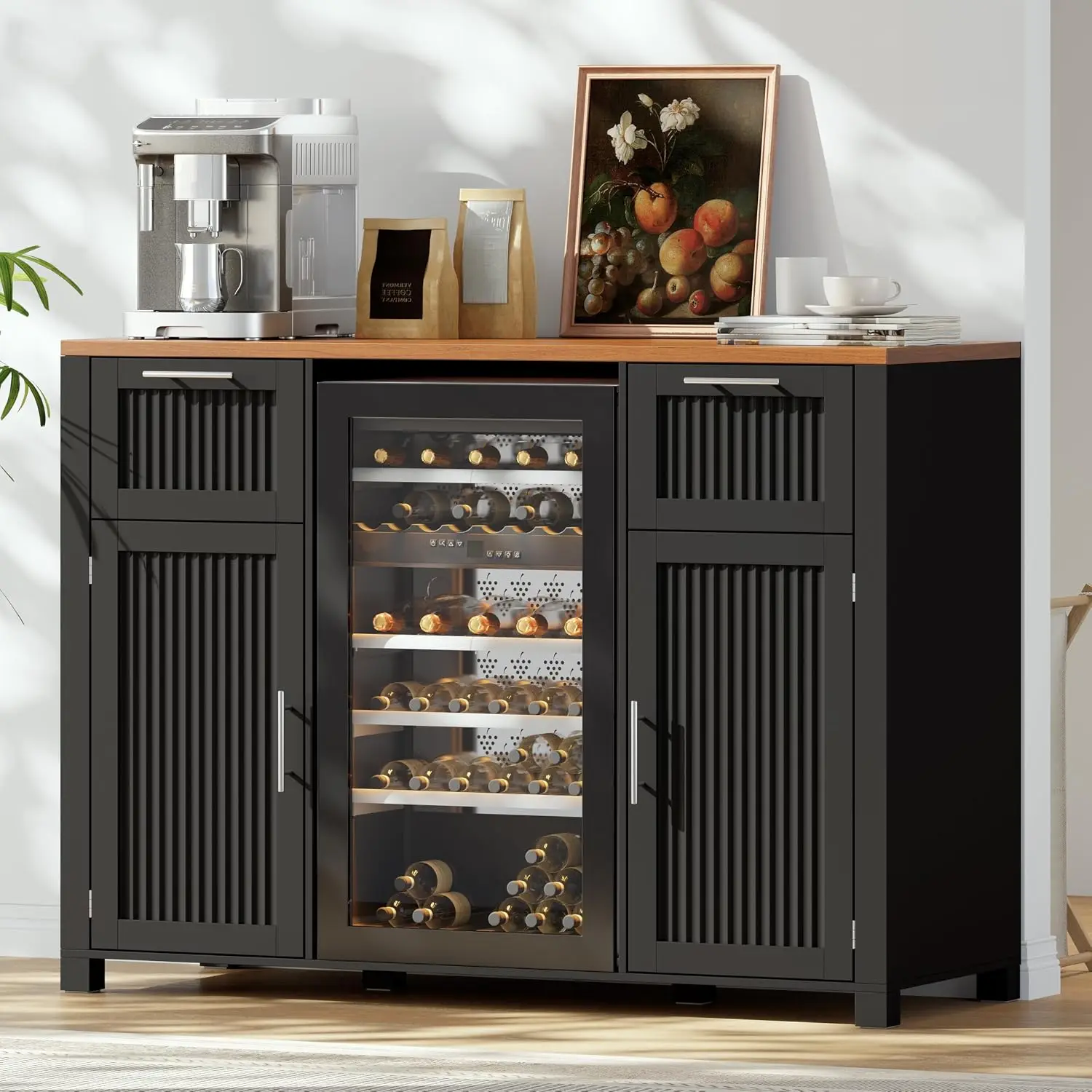 Coffee Bar Cabinet with Fridge Space, Mini Fridge Cabinet with Power Outlet, Modern Wine Liquor Cabinet with 2 Drawers, Fluted B