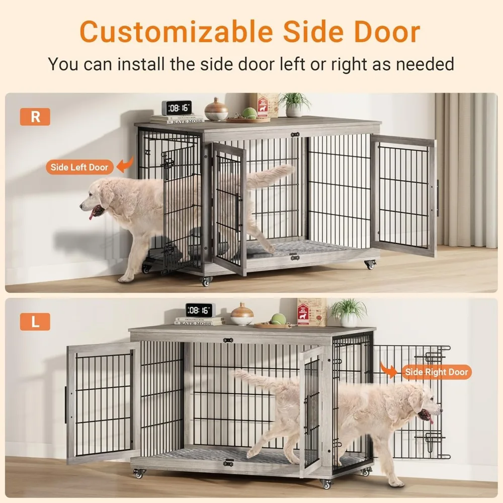 Dog Crate Furniture, XL Wooden Dog Kennel Indoor Double Doors Dog Cage, 44'' Heavy Duty Dog Crate with Cushion & Wheels,