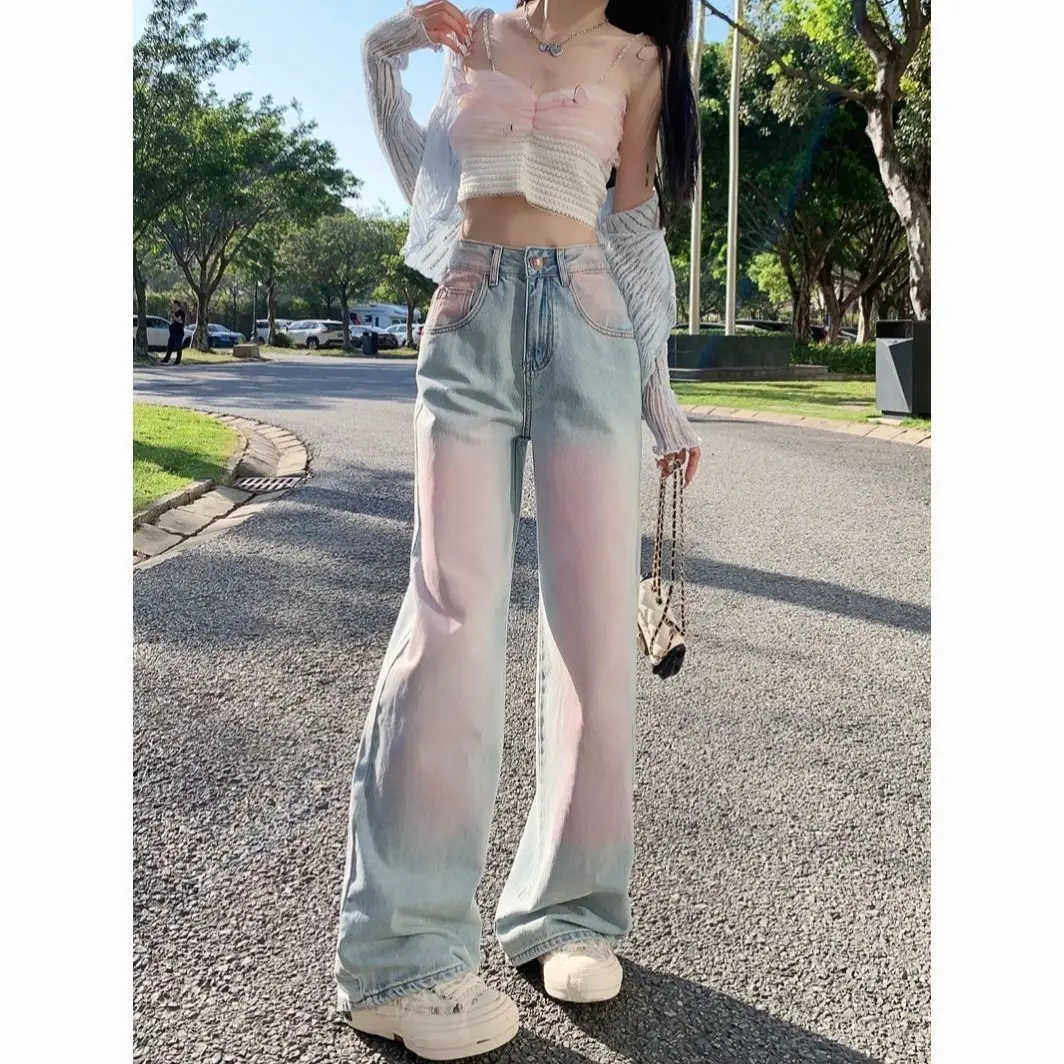 Powder Blusher Gradual Wash Wide Leg Soft Jeans Women\'s Thin High Waist Loose Slim Large Straight Floor Pants