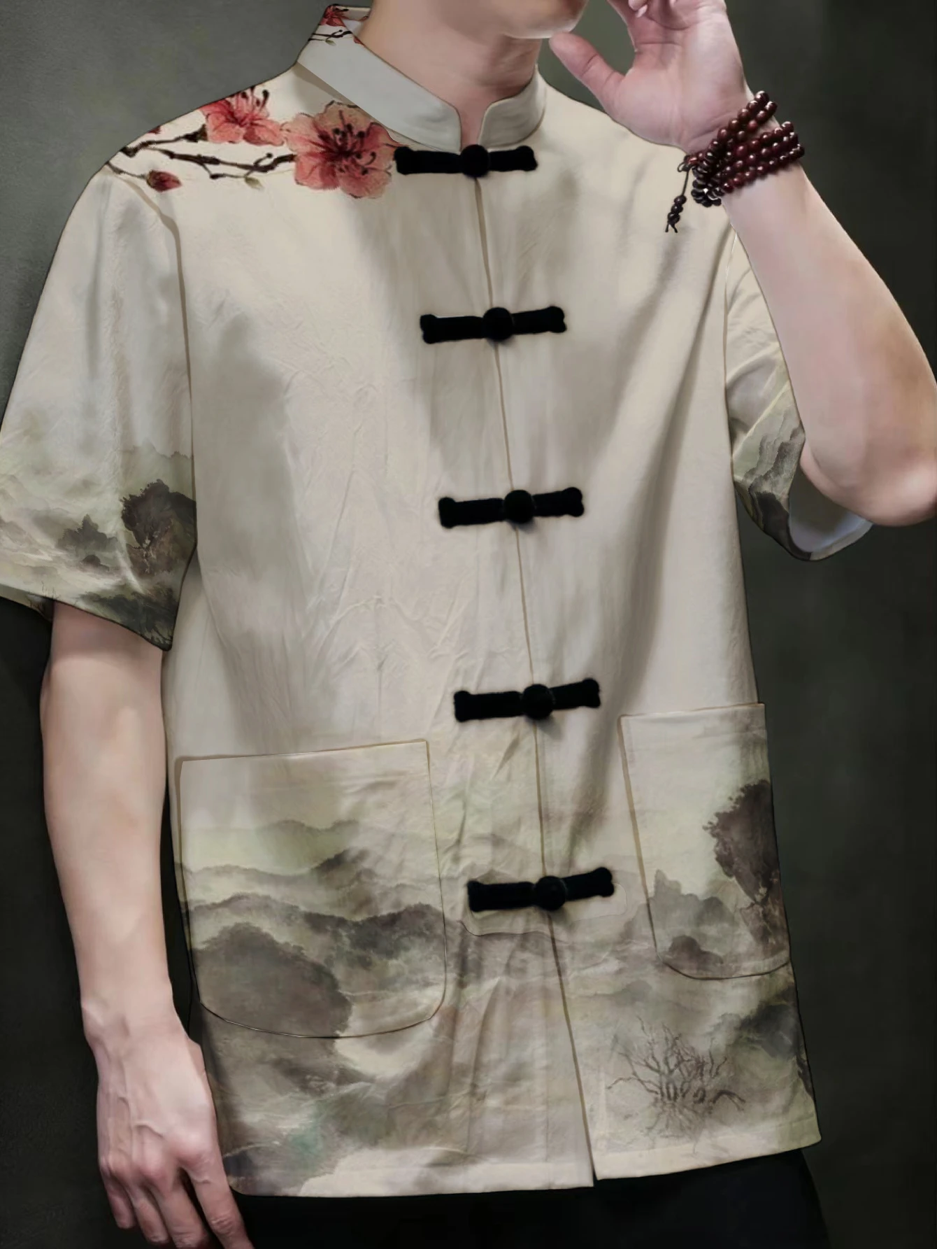Mens Traditional Tang Shirt Plum Blossom Landscape Print Frog Button Outerwear