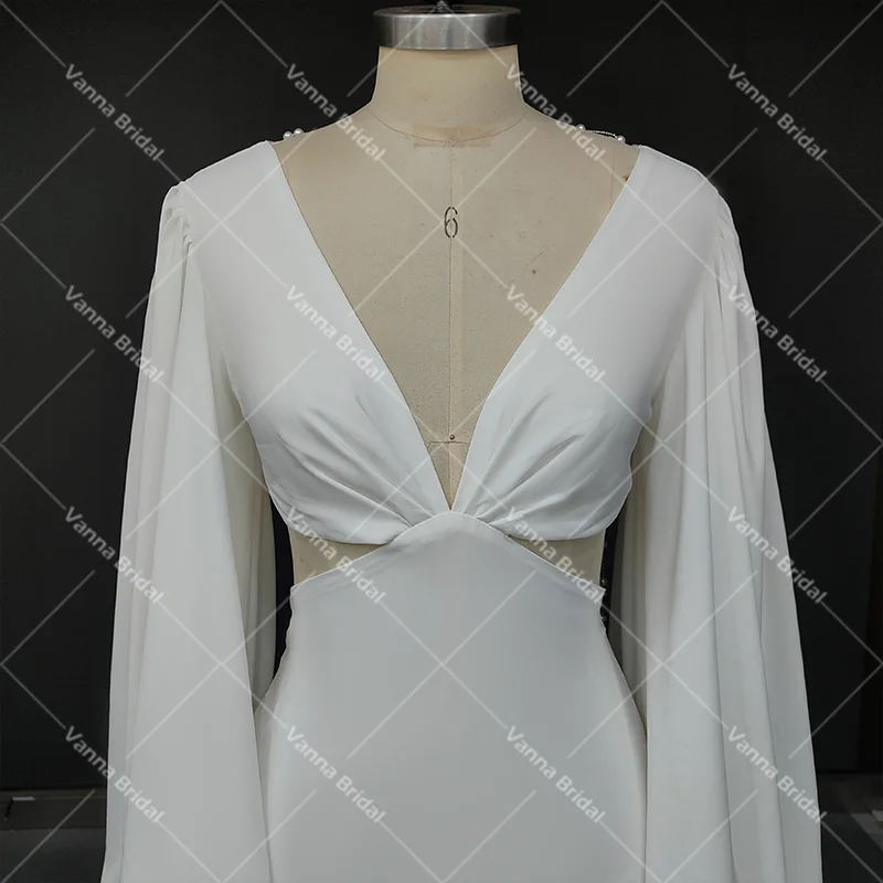 Robe de mariée sirène dos nu à col en V simple avec pompon, robe de patients, manches bouffantes perlées, train de balayage, personnalisé, exquis, 8868 #