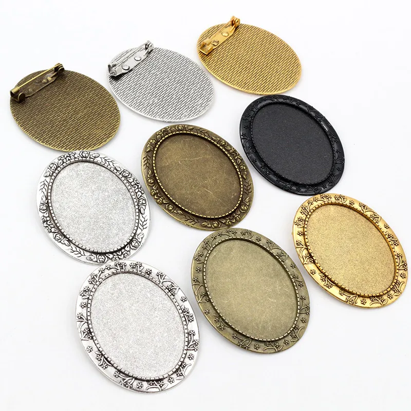 5pcs/lot 30x40mm Inner Size Vintage Floral Brooch Pins Antique Gold/Silver Plated Bronze Cabochon Blank Base Setting Bezel Tray