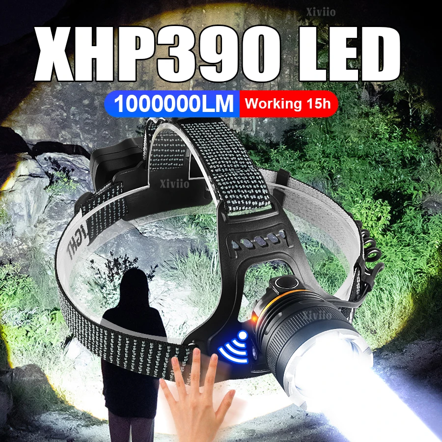 

XHP390 Powerful Headlamp with Sensor Sports Fishing Headlights Front Light Usb Rechargeable Head Flashlight for Camping Riding