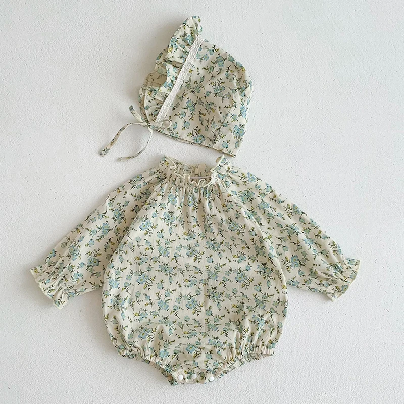 

Spring Autumn 0-24M Baby Girls Clothes Infant Baby Girls Romper+Hat Long Sleeved Cotton Floral Printing Baby Girls Jumpsuit