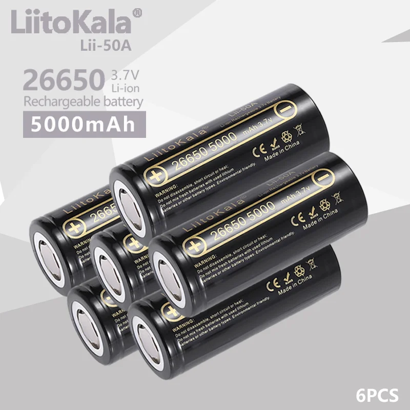 

6PCS LiitoKala lii-50A 26650 5000mah lithium battery 3.7V 5000mAh 26650 rechargeable battery 26650-50A suitable for flashligh