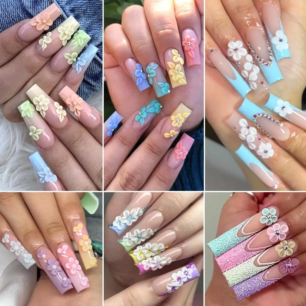 1 Box 3D Macaron Acryl Fünfblättrige Blumen Nail Art Charm Blütenblätter Dekoration mit goldenen Perlen und weißen Perlen Nagelzubehör *^