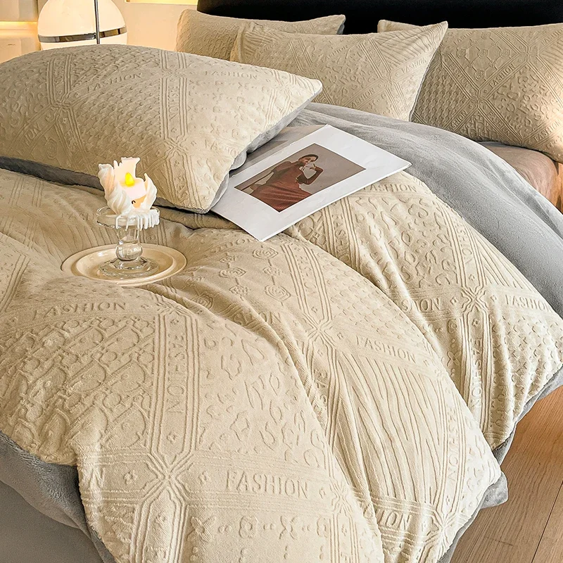 

New winter milk fleece four-piece thickened warm coral flannel bed