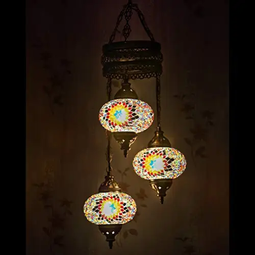 LaModaHome 35 + Unique Colors, 2020 Customizable Chandelier 3 Globes + Free 3 Bulbs, stunning Mosaic Turkish Lamp Moroccan Light