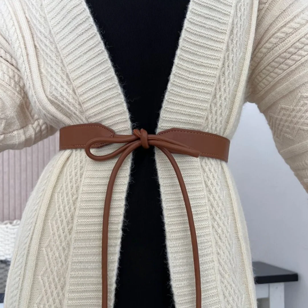 

Модный круглый кожаный ремень-цепочка на талию, тонкий, женский, декоративный, с узлом, для юбки, пальто, свитера