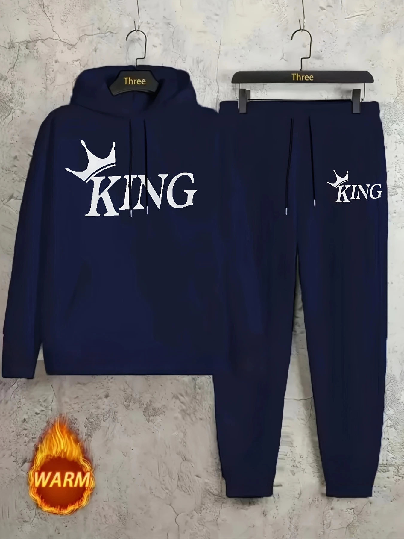 Men's New KING Printed Hooded Sweatshirt & Waist Drawstring Sweatpants Autumn and Winter Warm Set