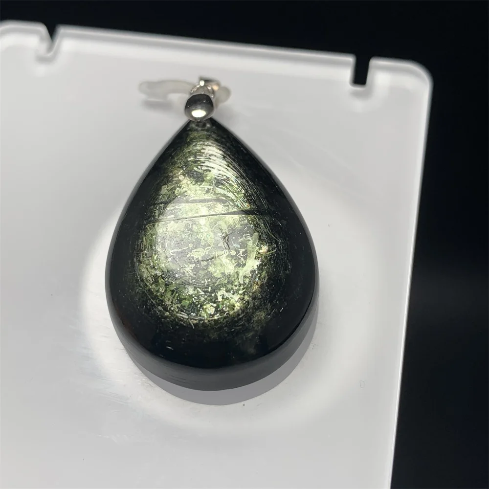 Natural Green Light Lepidolite Pendants Woman Healing Mysterious Black Gemstones Beads Flaky Water Drop Jewelry 925 Silver Clasp