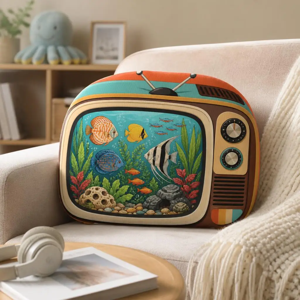 Retro TV Aquarium Pillow Colorful Tropical Fish Cushion Seventies Ocean Decor Plush Stuffed Throw Pillow Home Accent Gift