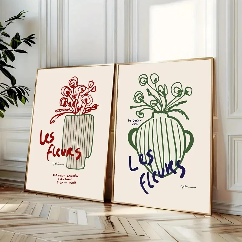 

2pcs/Set Abstract Green and Red Plant Picture Wall Art Canvas Poster Printing, Nordic Retro Simple Line Floral Home Decoration