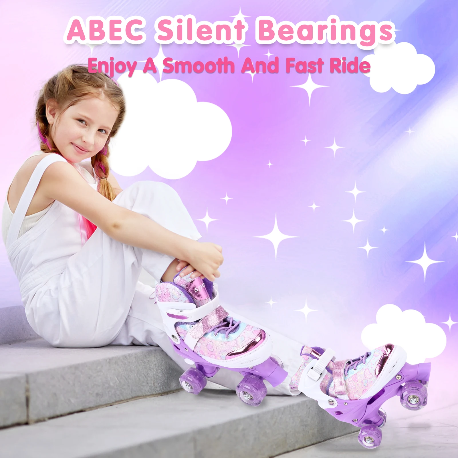 زلاجات دوارة للأطفال البنات من سن 6 إلى 12 إلى 4 مقاسات عجلة وامضة قابلة للتعديل ABEC تحمل حماية ثلاثية للأماكن الخارجية والداخلية #5