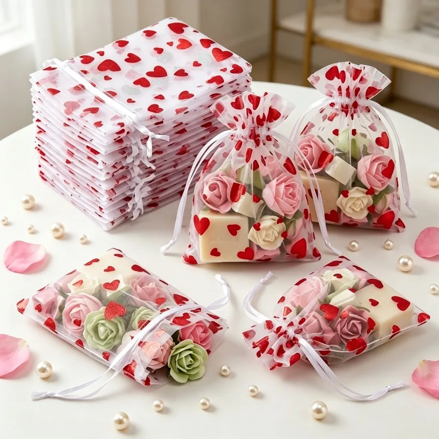 Gift for Her/Him 50pcs Pack Elegant Organza Drawstring Gift Bags Suitable for Wedding Favors Birthday Parties, Valentine' Day