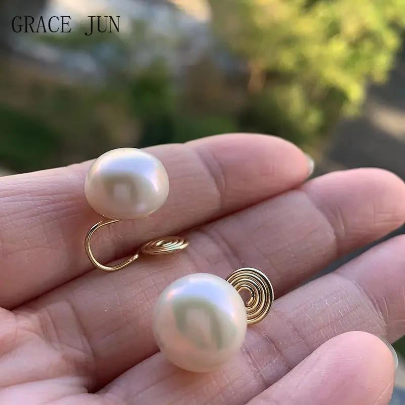 GRACE JUN 12MM Freshwater Pearls Stud Clip on Earrings No Pierced Cuff Earring Mosquito Coil Fake Piercing Ear Clip New Arrival