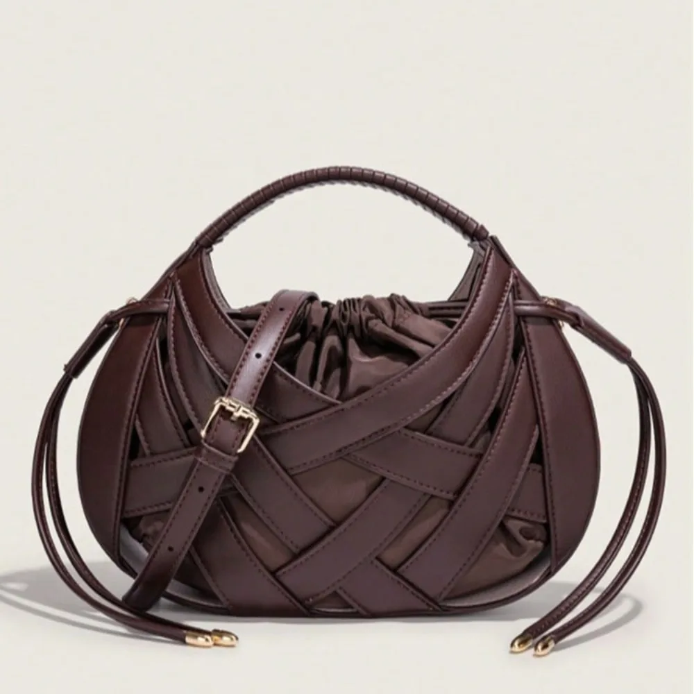 Fashion PU Woven Women's Bag NEW Hollow Basket Bags for Women Handbags Drawstring Shoulder Crossbody Bag Patchwork Clutch Purses