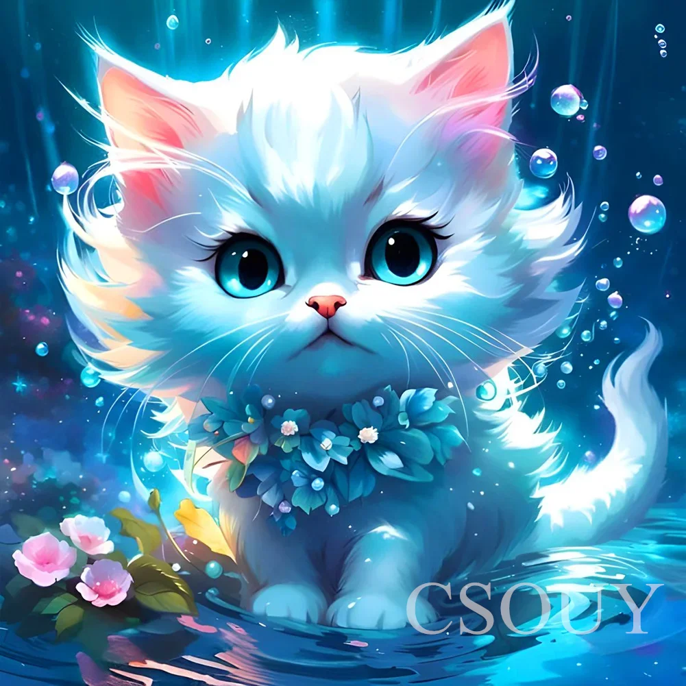 

Crystal 100% Fairy Dust Square Drill Full Diy Diamond Painting Cross Stitch Animal White Cats Embroidery Mosaic Decor Needlework